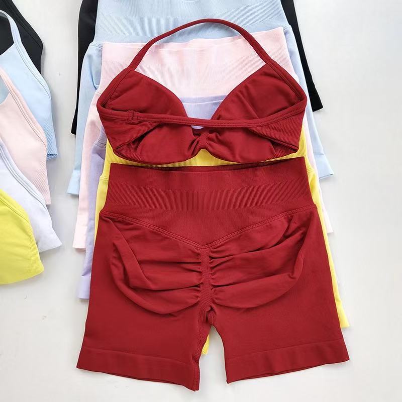 Sports Bra High Impact - HISTELLO スポーツセットピース女性ストラップ付きジムヨガブラトレーニングスクランチショーツフィットネススポーツスーツ服シームレスヨガセット