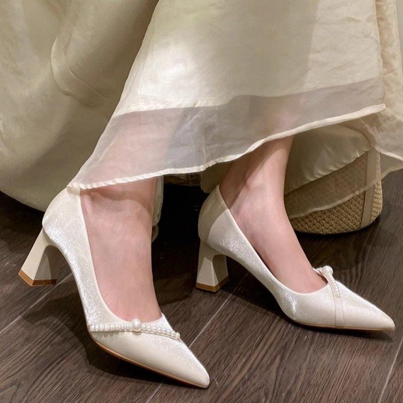Slip Dress Satin - エレガントなパール装飾のポインテッドトゥブロックヒール、優しいスタイルのコンフォートパンプス、女性用クラシックオフィスドレスシューズ