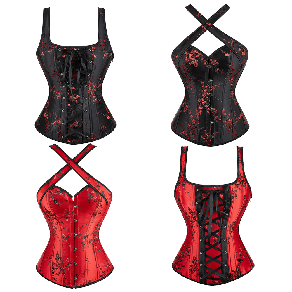 Corset Waist Cinch - 女性用ストラップ付きコルセット,フローラル,ジャカードビスチェ,ブラック,ゴシック,ラージサイズ,ヴィンテージ,赤,XS-7XL