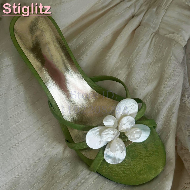 Slip Dress Satin - 白い花柄ハイヒールスリッパサテン緑オープントゥ浅履きエレガントサンダル2026夏新作ドレスシューズ