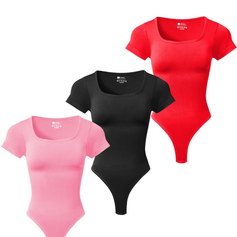 Shapewear Bodysuit Firm - 女性用プラスサイズスクエアネック半袖ボディスーツ、お腹引き締めボディシェイパー、シームレススリミングファッションシェイプウェアジャンプスーツ