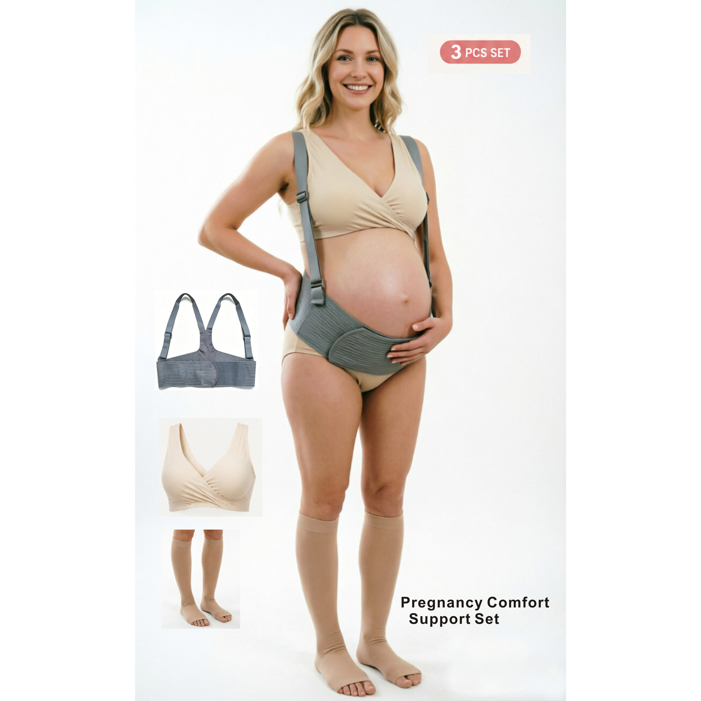 Nursing Bra Sleep - マタニティ必需品3点セット：マタニティサポートベルト＋オープントゥコンプレッションソックス＋コットンクロスオーバー授乳用スリープブラ