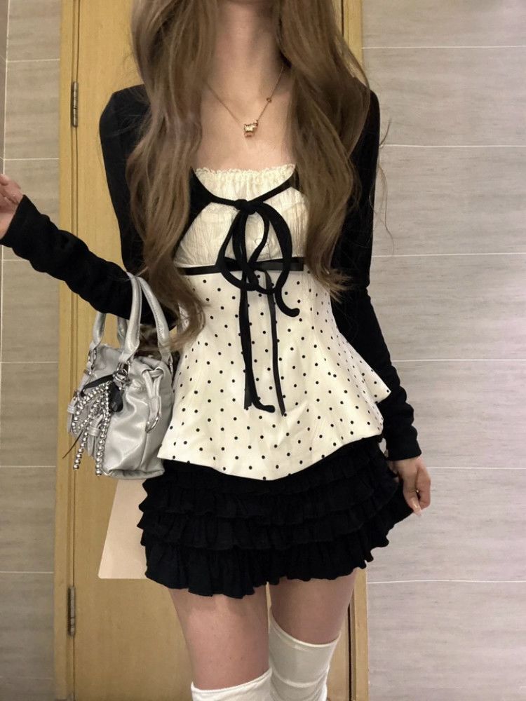 韓国ファッション 水玉模様 レース 蝶結び 3点セット レデ - Cami Top Lace のレビューと価格