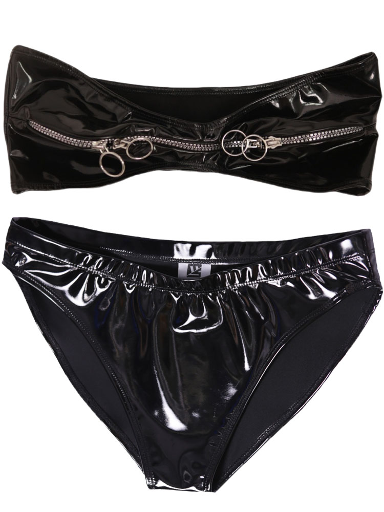 ウェットルックPVC素材ジッパービスチェクロップトップス光沢 - Thong Bikini Women のレビューと価格
