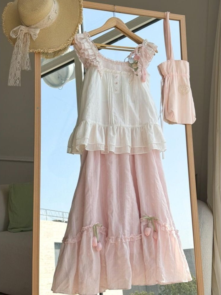 甘いかわいいフリルトリムチューリップ装飾ツーピースセット女性 - Cami Top Lace のレビューと価格